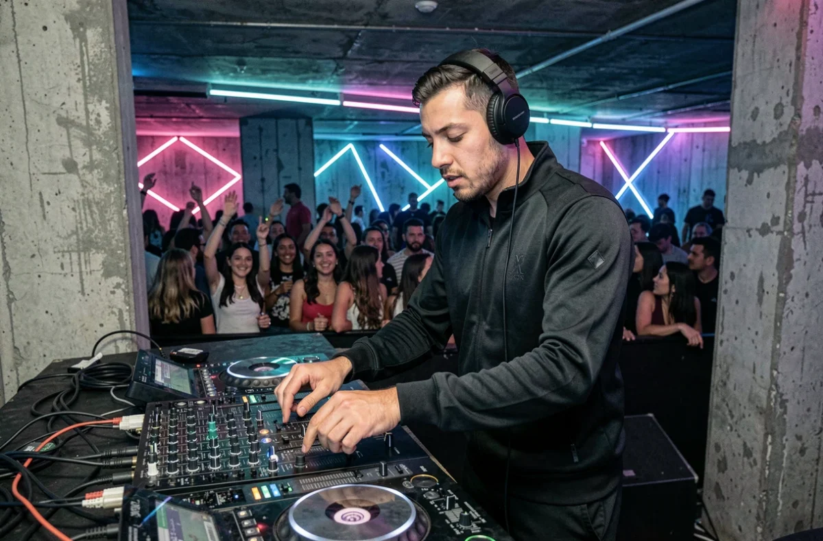 DJ Koyla concentré sur ses platines dans un club underground à Bayonne face à un dancefloor animé