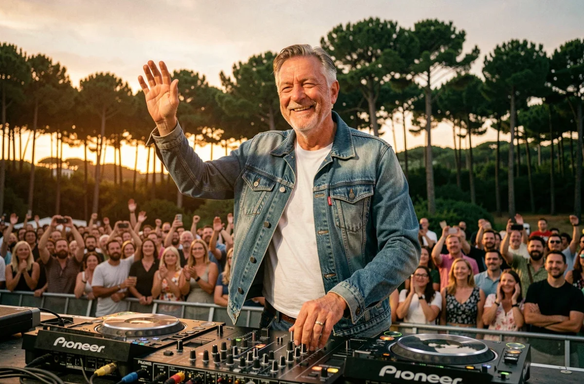 DJ Ted souriant derrière ses platines lors d'un festival estival en plein air près du Bassin d'Arcachon