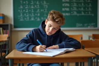 Élève écrivant des calculs de semaines dans un cahier en classe, méthode mathématique pour l'année scolaire