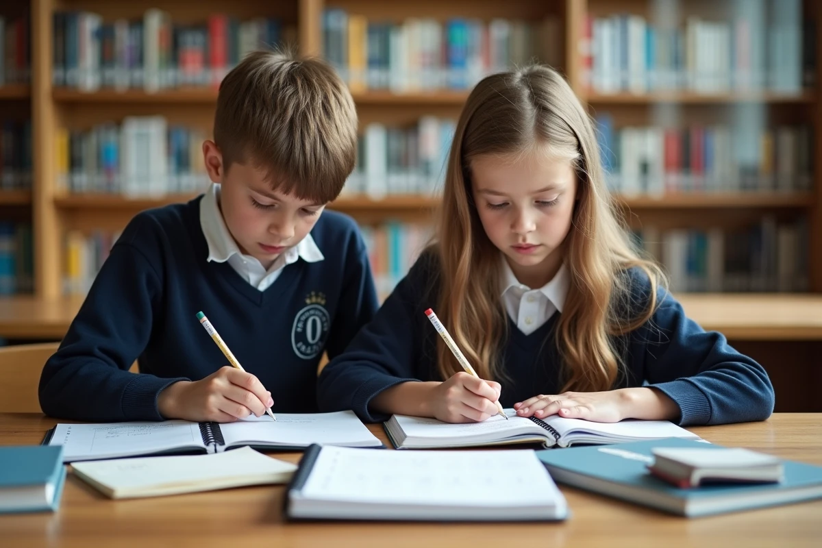 Deux élèves en bibliothèque consultant un planning annuel pour apprendre à calculer les semaines d'une année
