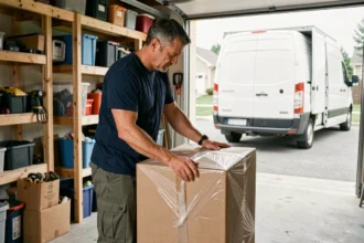 Homme emballant de gros cartons de déménagement avec du film étirable dans un garage, camion de déménagement visible en arrière-plan