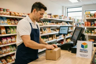 Employé de supermarché scannant un colis au comptoir relais colis de SP Supermarché Châtillon