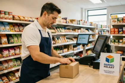 Employé de supermarché scannant un colis au comptoir relais colis de SP Supermarché Châtillon