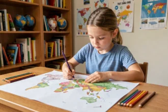 Jeune fille coloriant un fond de carte du monde vierge avec des crayons de couleur sur un bureau en bois dans une salle d'école à la maison