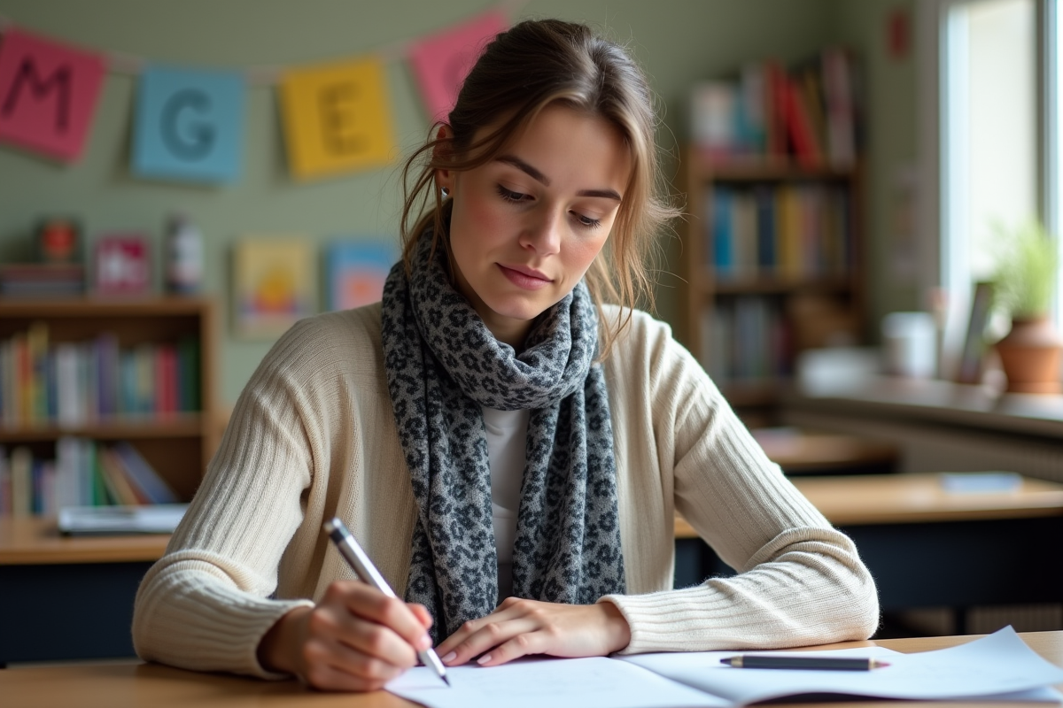 Enseignante corrigeant des copies dans une classe chaleureuse