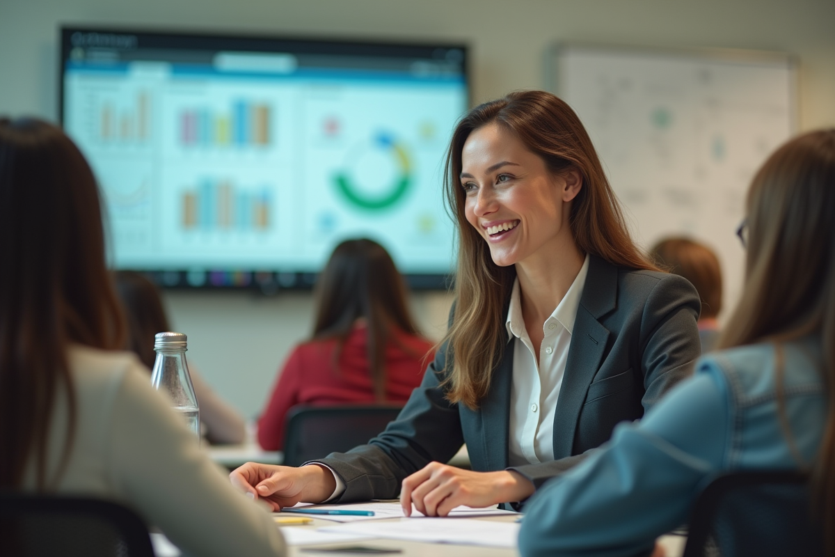 Enseignante avec ses élèves dans une salle de classe durable