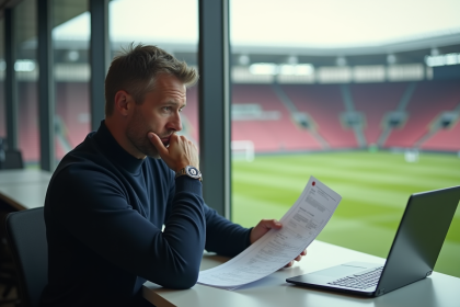 Entraineur de football analysant des documents dans un bureau lumineux