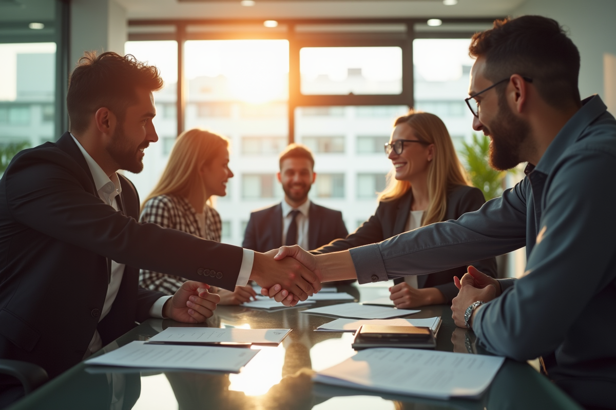 Groupe de professionnels souriants après accord dans un bureau lumineux