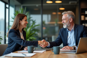 Deux professionnels d'affaires se serrant la main dans un bureau moderne