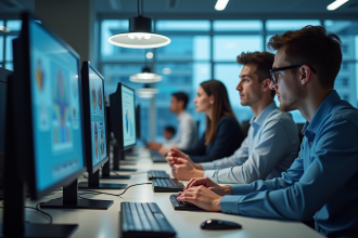 Equipe IT diverse collaborant autour d'ecrans en bureau moderne