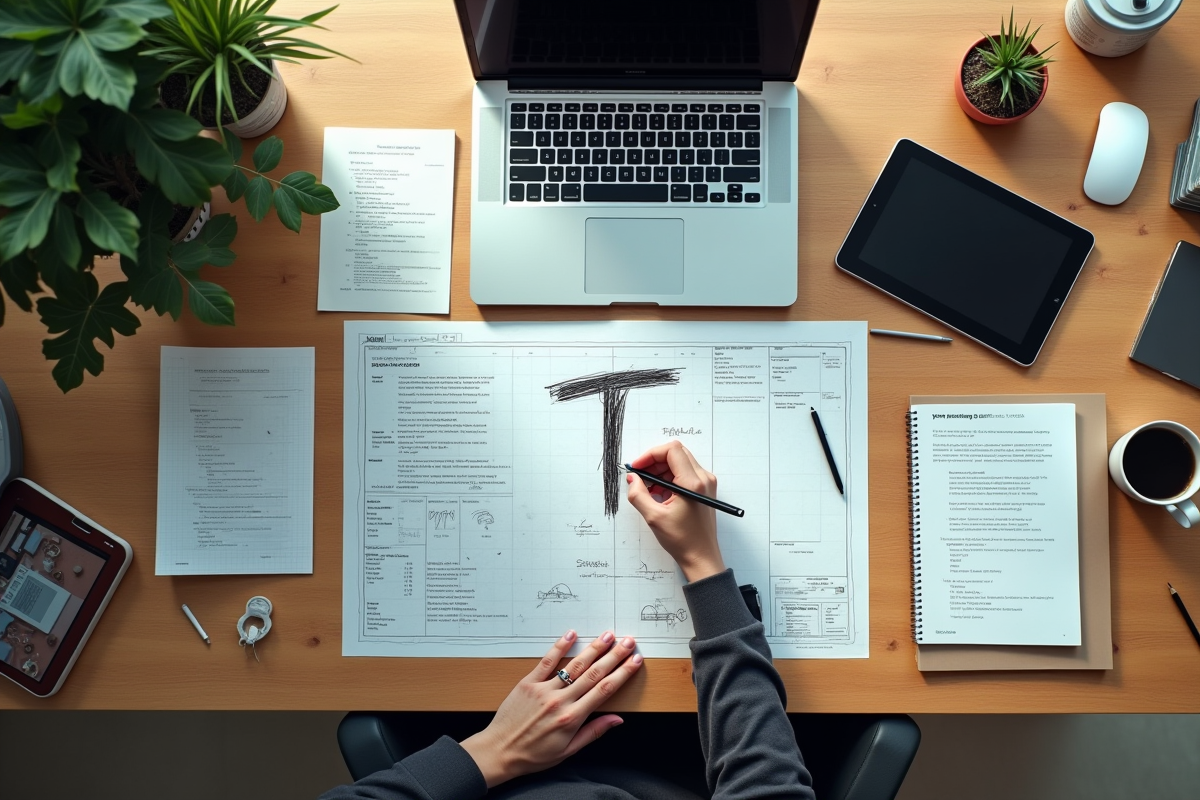 Espace de travail avec dessin de la lettre T