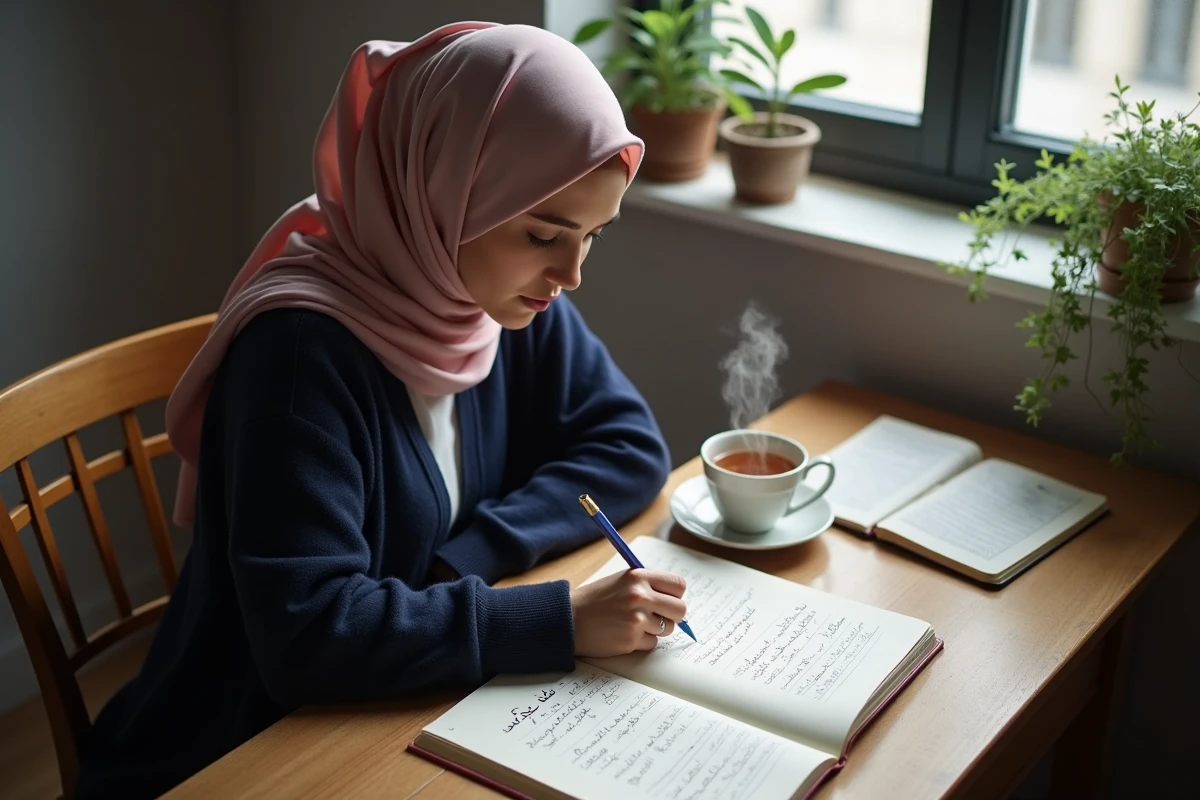 Jeune femme musulmane étudiant la Duaa Istikhara en arabe avec des notes phonétiques en français sur un bureau