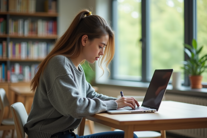 Etudiant concentré en étude avec ordinateur et cahier