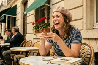 Une femme française souriante dans un café parisien avec un livre de phrases françaises drôles sur la table
