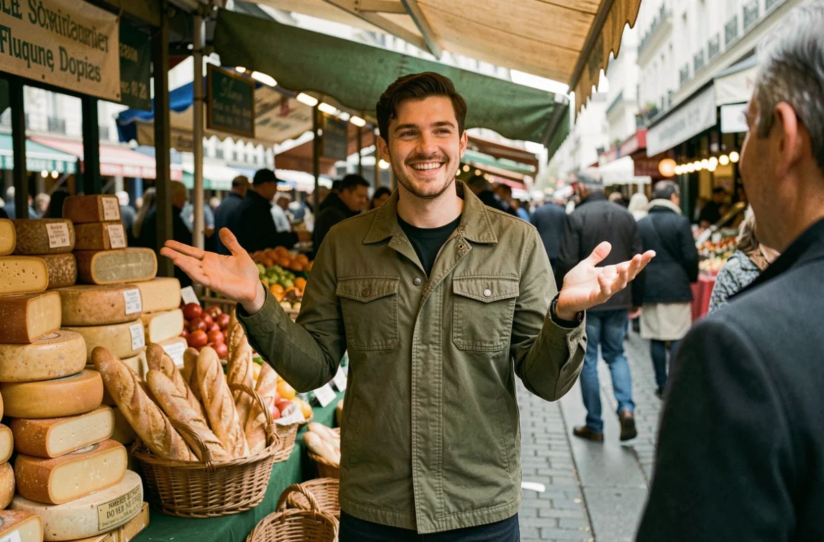 Un jeune homme français faisant le geste typique 'bof' devant un marché en plein air à Paris