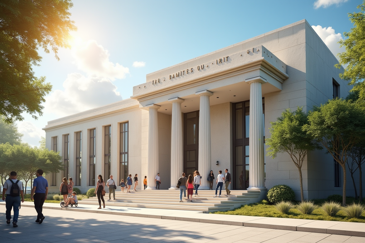 Façade ensoleillée d'un tribunal avec passants