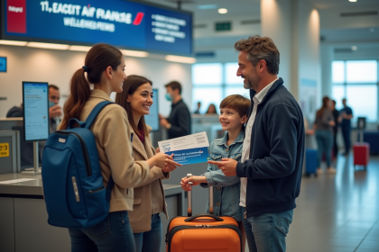 Famille heureuse à l'aéroport avec billets Air France et Chèque Vacances