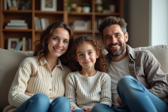 Jeune fille et famille dans un salon chaleureux