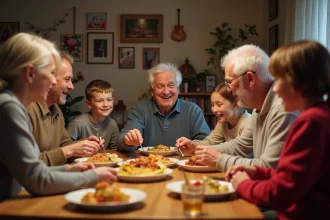 Famille multigenerational partage un repas convivial
