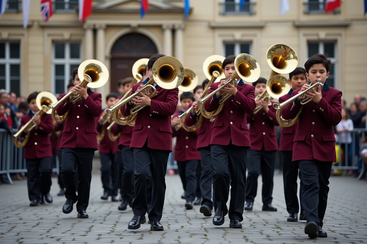 Fanfare militaire de jeunes musiciens en costume cérémoniel défilant sur une place de village lors d'une commémoration patriotique