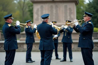 Fanfare militaire en uniforme jouant lors d'une cérémonie d'hommage aux anciens combattants devant un monument aux morts