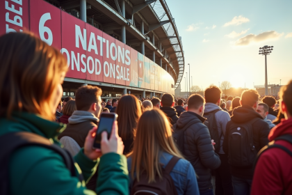 Supporters de rugby faisant la queue devant un stade moderne pour les billets 6 Nations 2025