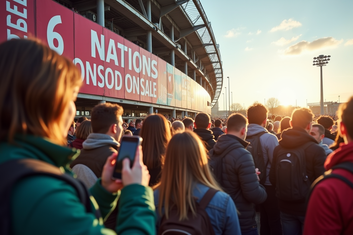 Supporters de rugby faisant la queue devant un stade moderne pour les billets 6 Nations 2025