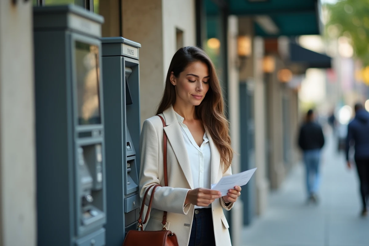 Jeune femme utilisant un distributeur automatique en extérieur