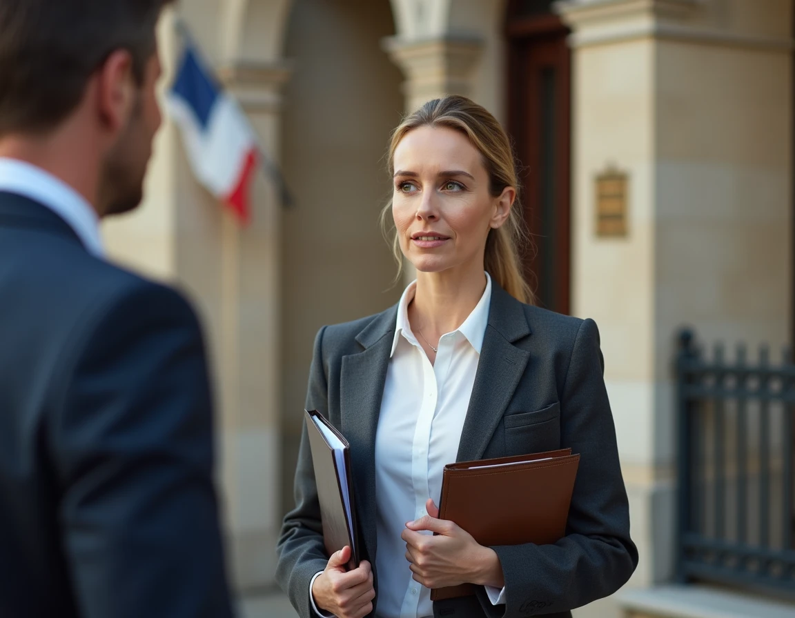 Femme adjointe au maire devant la façade d'une mairie française avec drapeau tricolore