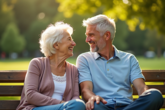 Femme agee et jeune homme souriants dans un parc
