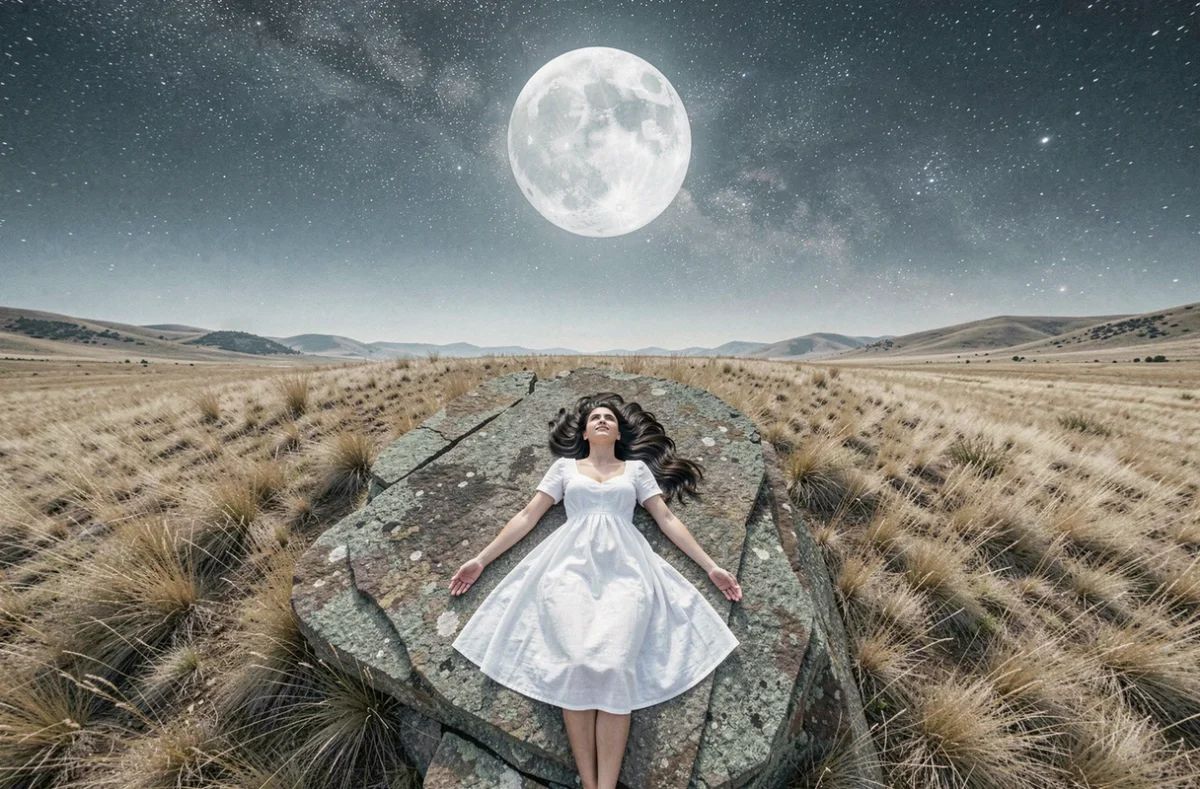 Jeune femme allongée sur un rocher sous la pleine lune en pleine nature pour une séance de manifestation