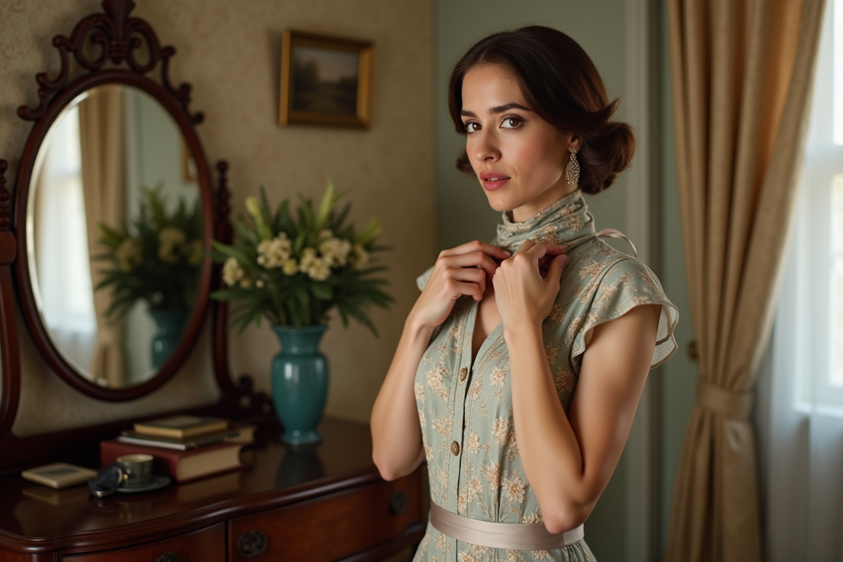Femme en robe florale des années 1930 ajuste son foulard