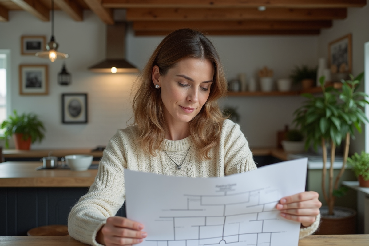 Femme méditant devant un arbre généalogique dans un intérieur scandinave