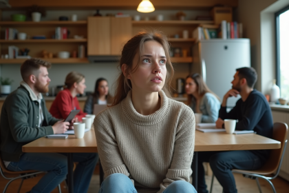 Jeune femme frustrée dans une cuisine urbaine animée