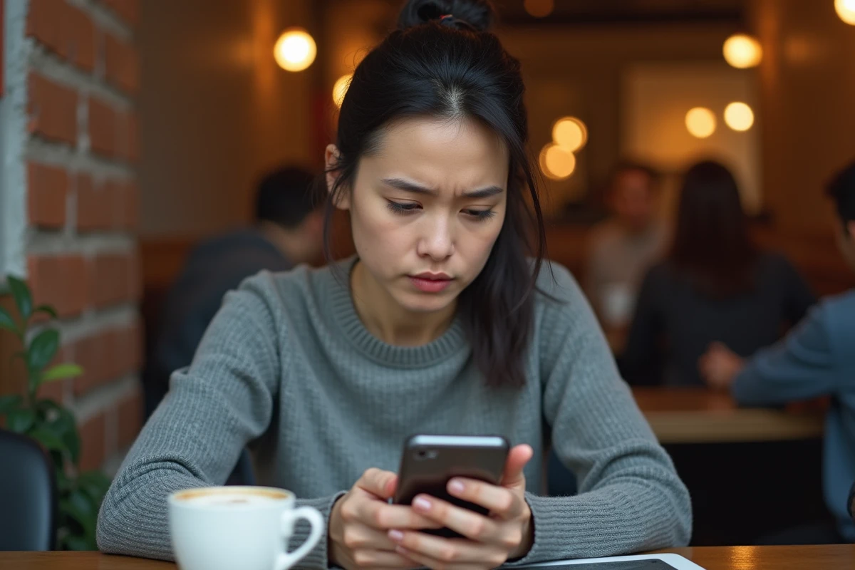 Femme inquiète examinant une arnaque liée à la date de sortie de GTA 6 sur son smartphone dans un café