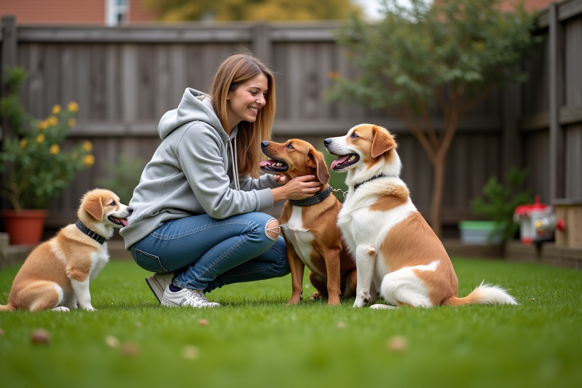 Femme souriante avec trois chiens dans le jardin