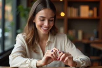 Femme élégante admire une bague violette dans un café