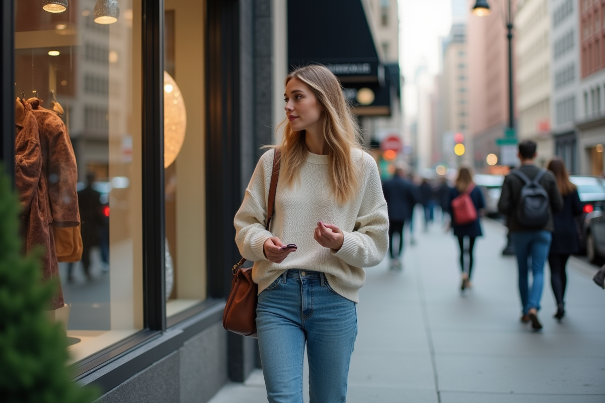 Jeune femme regardant une vitrine de boutique en ville