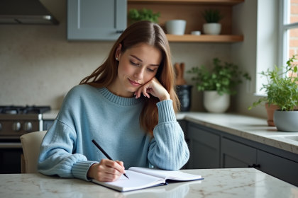 Jeune femme écrivant dans un agenda de budget à la maison