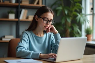 Femme en bureau à domicile lisant à l'écran