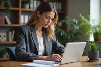 Femme au bureau en train de remplir un sondage en ligne