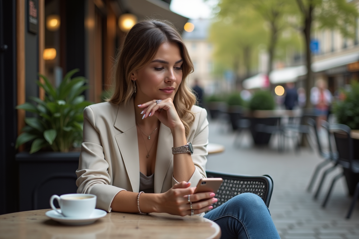 Femme élégante au café parisien contemplant son smartphone