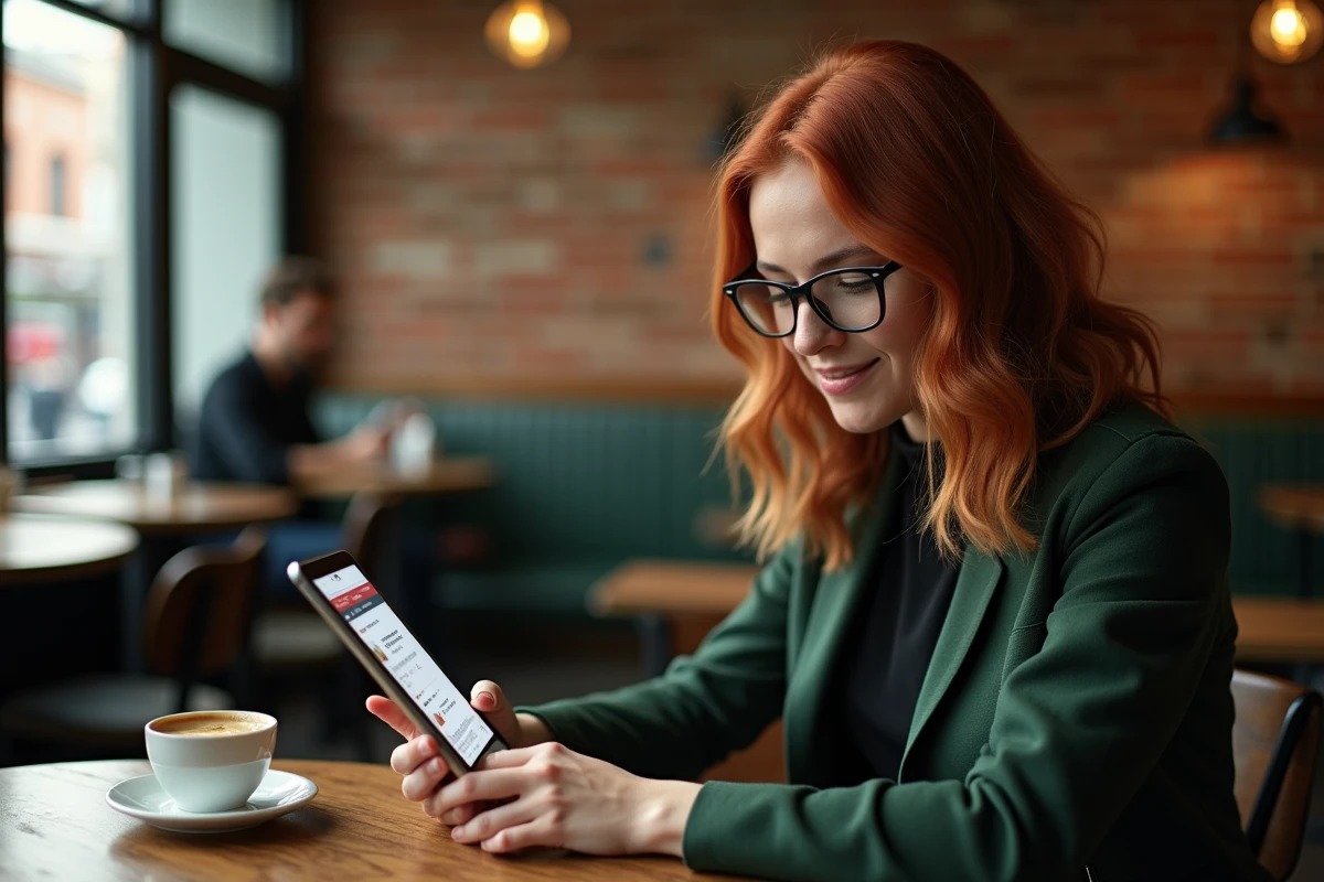 Femme professionnelle portant des lunettes dans un café parisien consultant une tablette pour rechercher l'âge d'une personnalité médiatique