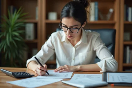 Femme comptable analysant des bulletins de salaire et calculant le nombre de semaines payées sur un bureau en bois
