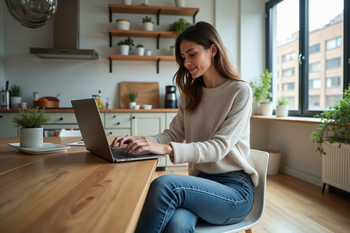 Femme détendue travaillant sur son ordinateur dans une cuisine lumineuse