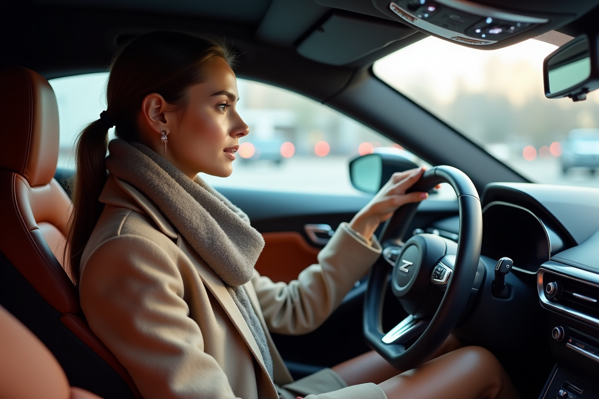 Jeune femme dans une voiture moderne avec un logo Z intérieur