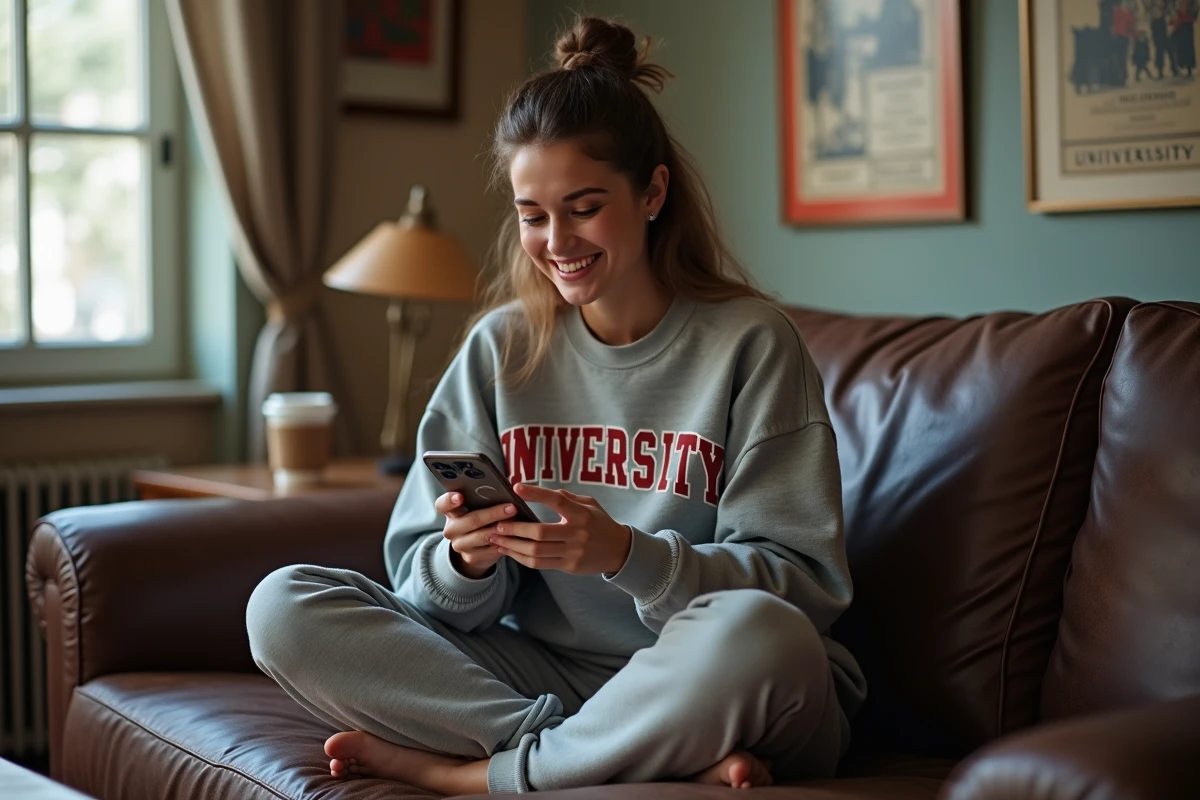 Femme trentenaire souriante consultant un ancien forum sur son smartphone dans un salon décontracté