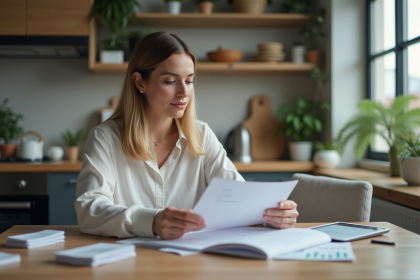 Femme en cuisine examinant un contrat de location