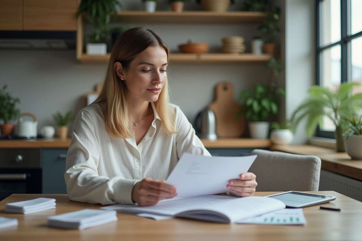 Femme en cuisine examinant un contrat de location