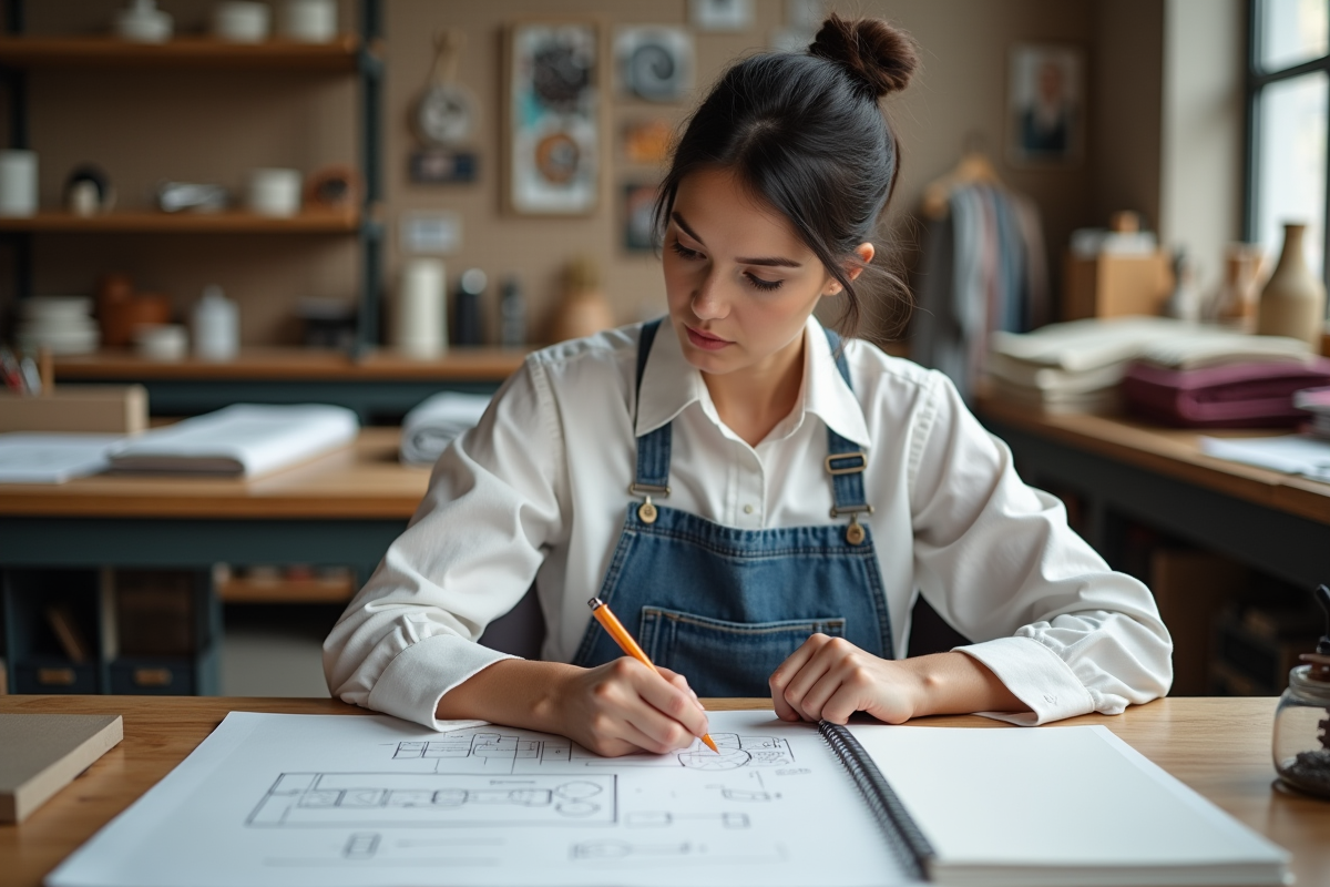 Femme en atelier dessinant des plans avec concentration